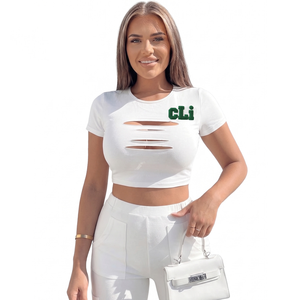 High Quality <b>women's</b> shirt <b>White</b> Half Sleeve <b>Crop</b> <b>Top</b> ODM Green Towel Embroidery Cutout Design Custom Logo Casual Summer Blouse - Product Image 5