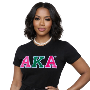 Camiseta Negra AKA Rosa Verde de Chenilla con Letras Griegas Bordadas, Manga Corta, Cuello Redondo, Prenda Casual Premium - Product Image 6