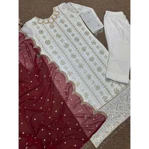 TENDANCE GEORGETTE BRODERIE SÉQUENCE DENTELLE TRAVAIL HAUT BAS AVEC DUPATTA MARRON - Product Image 4