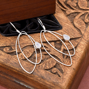 Boucles d'oreilles pendantes en pierre de lune arc-en-ciel naturelle, taille poire et rose, en argent sterling 925, faites à la main, géométriques, double anneau, pour femme - Product Image 2