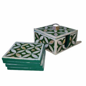 Stylish <b>Blue</b> Floral Inlay <b>Coasters</b> with Mother of Pearl | Decorative Square Set with Storage Box for Home Decor | Pemium Quality - Product Image 1