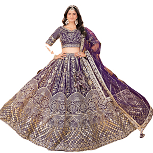 Lehenga Choli indien traditionnel de créateur en tissu filet, non cousu, dernière collection hiver, pour mariages et fêtes, coupe ajustée, broderie de sequins et de zari - Product Image 1