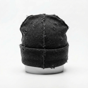 Gorro de punto negro desgastado para hombre, gorro de invierno con dobladillo, gorra unisex estilo streetwear, gorro tipo calavera, accesorio de moda al por mayor con logotipo personalizado - Product Image 2