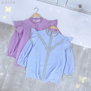 <b>Women's</b> <b>Long</b> Sleeve Lace Trim <b>Blouses</b> Wholesale Ruffle Sleeve High Neck Modest Elegant Business Casual Shirt <b>for</b> Boutique Stores - Product Image 6