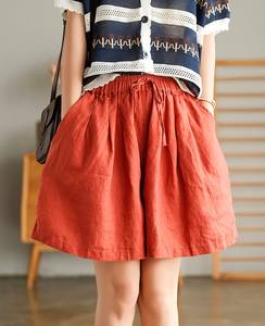 Women's Purple Linen Shorts High Waist <b>Drawstring</b> Loose Fit Casual Style Solid Color Breathable Woven Fabric - Product Image 3