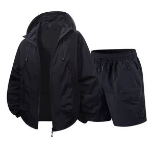Winter Custom Two Piece Hooded Windbreaker Short Jacket <b>Set</b> Mens Plus Size Solid Tracksuit Short <b>Set</b> - Product Image 1