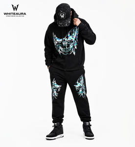 Conjunto de chándal con capucha negro para hombre Whiteaura con estampado de calavera iridiscente, sudadera y pantalones estilo streetwear con cremallera frontal completa - Product Image 2