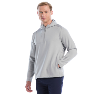 Sudadera con Capucha para Hombre, Color Gris Claro, Cierre de Cremallera de un Cuarto, Manga Larga, Tejido Transpirable, Estilo Casual, Color Sólido - Product Image 1