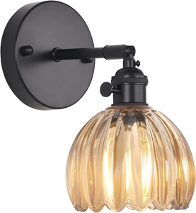 Modern LED <b>Wall</b> Lamp Indoor <b>Sconce</b> OEM Customization <b>Lighting</b> Minimalist Industrial Amber Glass Ribbed Shade - Product Image 1