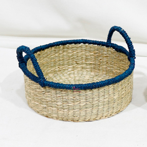 <b>Seagrass</b> <b>Storage</b> <b>Baskets</b> Set of 2 Round Navy Blue Rim Handmade Bohemian Style for Living Room Neatening - Product Image 2