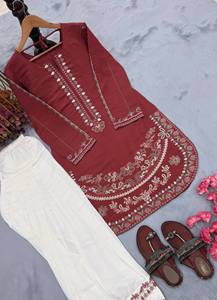 New Designer HeavyPur Roman Silk With Embroidery Work <b>Top</b> Plazzo Suit Set - Product Image 4