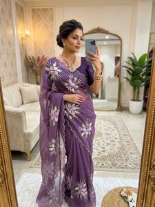 Crystal Organza <b>Tissue</b> Fabric With Embroidery Stone Pearl And Hand Work On Border With Zari Weaving Across The all Over Saree - Product Image 2