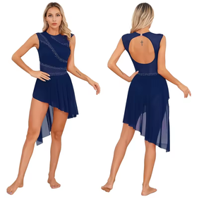 Womens Rhinestone Sheer Mesh Open Back Sleeveless Dance Dress for Figure Skating Dance <b>Performance</b> <b>Wear</b> - Product Image 6