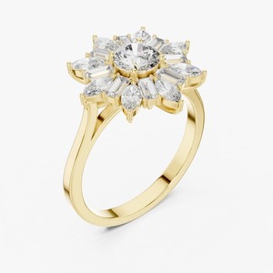 Bague de fiançailles en or jaune 9 carats avec diamant de laboratoire rond de 2 carats, grappe florale et diamants marquise et baguette - Product Image 2