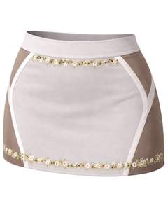 Ensemble deux pièces d'été moulant pour femme, personnalisé, beige et blanc, avec crop top sans manches à col rond et buste froncé, et mini-jupe taille haute - Product Image 5