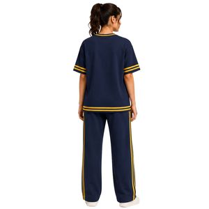ชุดเซ็ตเสื้อยืดโอเวอร์ไซส์สีกรมท่าและมัสตาร์ดสำหรับผู้หญิง พร้อมกางเกงขายาวทรงกว้าง ชุดลำลองสองชิ้นแบบสั่งทำพิเศษ พร้อมแถบสีตัดกัน - Product Image 2