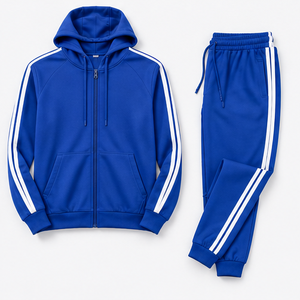Unisex Blue Tracksuit Set Full Sleeve Drawstring Hooded Sporty Streetwear Solid Pattern Breathable Lightweight 100% Cotton - Product Image 2