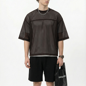 เสื้อยืดโอเวอร์ไซส์ผู้ชาย แขนสั้น คอกลม ผ้าตาข่าย ระบายอากาศ สไตล์สตรีท สีดำล้วน ผ้าฝ้ายถัก 100% ใส่สบายในฤดูหนาว - Product Image 1