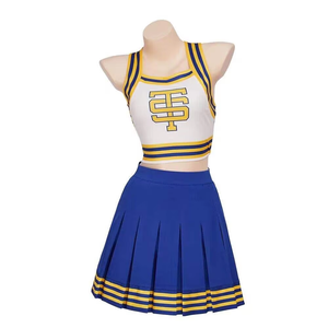 Ensemble d'uniformes de cheerleading bleu et jaune avec haut blanc et jupe plissée pour adultes - Product Image 1