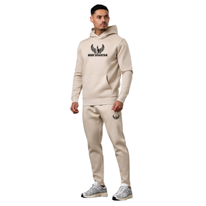 Mens Beige Fleece Hooded <b>Tracksuit</b> Casual Athletic Gymwear Jogger Set Streetwear Winter Activewear Outfit - Product Image 1
