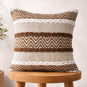 Brown Boho Cushion Cover with Chevron & Stripe Pattern, Decorative Woven Throw <b>Pillow</b>, Premium Ethnic Moroccan Style Accent - Product Image 1