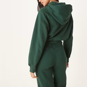 Sweat-shirt à capuche court vert pour femme, manches longues, couleur unie, tricoté en coton et fibre de bambou, idéal pour l'automne - Product Image 5
