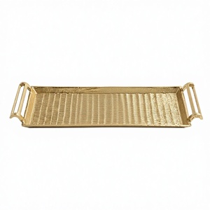 Antique Gold Textured <b>Rectangle</b> Decorative Tray with Handles Aluminum Serving Tray for <b>Coffee</b> <b>Table</b> Home Decor - Product Image 2