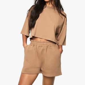 Custom Summer Set Crop Top Women <b>Tshirt</b> Breathable Skinny Fit Cotton Knee <b>Plain</b> Dyed Solid Shorts Casual Crop Tee & Shorts Set - Product Image 1