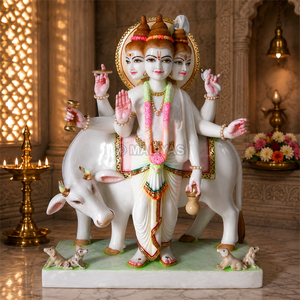 Elegant White Marble Lord Dattatreya Statue with Sacred Cow | Handcrafted Marble Dattatreya Murti by MALIYAS Jaipur - Product Image 3