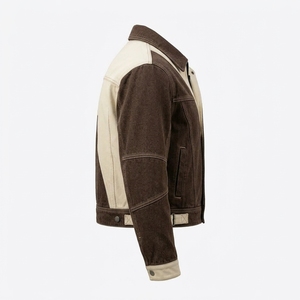 Veste utilitaire en toile denim délavée marron pour homme, style camionneur, avec patchwork contrastant personnalisé, vintage, décontractée, streetwear - Product Image 3