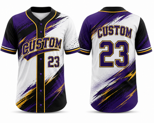 Camiseta de Béisbol Personalizada para Hombre, Sublimada, Absorbente de Humedad, Morado, Dorado y Blanco, 23 Botones, Ropa de Equipo, Corte Regular, Manga Corta - Product Image 1