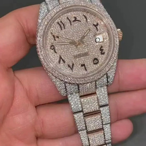 Montre de luxe pour homme, style antique, cadran arabe, entièrement pavée de diamants, en acier inoxydable, mouvement quartz Seiko, verre saphir - Product Image 1