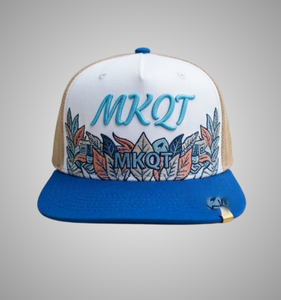 Casquette de camionneur personnalisée, blanche et beige, en maille, avec visière bleue, design brodé, 6 panneaux, unisexe, décontractée, printemps-été, adulte - Product Image 1