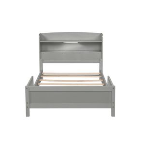 Letto in Legno di Pino con Luce LED a Sensore di Movimento, Sponde di Sicurezza e Libreria Integrata, Testiera Grigia - per Bambini - Product Image 3
