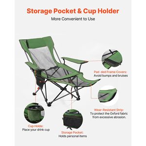 Chaise de plage pliable en maille portable avec fonction inclinable, 4 positions réglables pour adultes, avec appui-tête, repose-pieds et sangles de maintien - Product Image 6