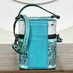 2026 New Arrival Turquoise Floral Tooled Leather Makeup Organizer Luxury Hairon Leather Top Handle Crossbody Travel Cosmetic Bag - Product Image 5