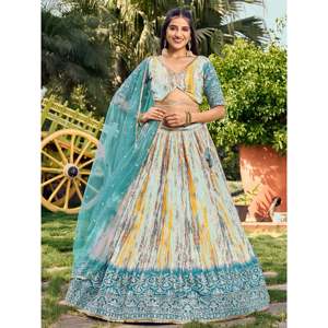 Joli blanc et bleu imprimé numérique Chinon Sangeet Wear Lehenga Choli - Product Image 6