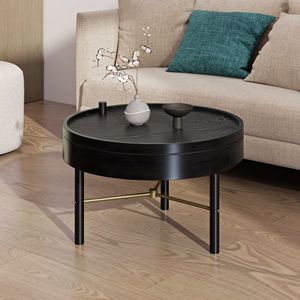Modern Round Wood Coffee <b>Table</b> with Metal Legs Rotating <b>Tray</b> Storage - Product Image 4