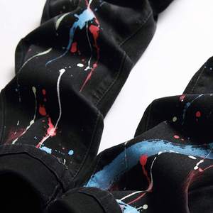 Jean en denim noir pour homme, coupe slim, jambe droite, effet déchiré et vieilli, peint à la main, style streetwear, en coton mi-lourd, style automne, en promotion - Product Image 4