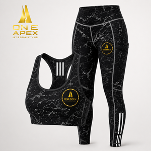 Ensemble de yoga pour femmes en marbre noir, leggings taille haute, soutien-gorge de sport dos nageur, ensemble de vêtements de sport fitness - Product Image 1