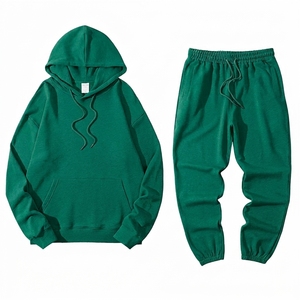 Unisex <b>Navy</b> Hooded Sweatshirt And Joggers Set Solid Color Casual Loose Fit Full Length 100% Cotton Autumn Wear - Product Image 4