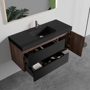 Mobile bagno Grace da 48 pollici in noce, sospeso a parete, con lavabo in quarzo nero opaco e ante con cassetti neri opachi - Product Image 2