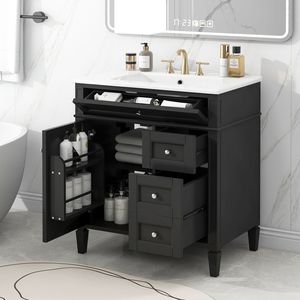 Modern 30\" <b>Bathroom</b> <b>Vanity</b> with Top Sink 2 Drawers and Tip Drawer Single Sink <b>Bathroom</b> <b>Vanity</b> Storage Cabinet - Product Image 4