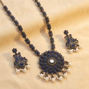 DIVYORO Royal Blue Floral Motif Oxidized Silver <b>Boho</b> Chic Adjustable Length <b>Necklace</b> and Earring Set for Anniversary - Product Image 1