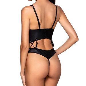 Women's Black PU Leather <b>Bodysuit</b> Hollow Out Lace-Up Back Sexy Lingerie Set 2 Pieces - Product Image 1