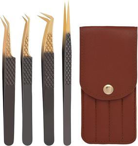 Pince à épiler angulaire en acier inoxydable pour extensions de cils, personnalisée pour Noël, lisse, antistatique, durable, avec manche doré et noir - Product Image 1