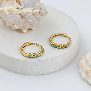 Wholesale <b>Gold</b> Plated Turquoise <b>Huggie</b> Hoop Earrings Handmade Boho Gemstone Earrings Fashion Jewelry for Women - Product Image 6