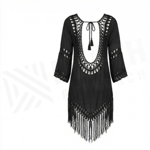 Women's Black Chiffon Boho Tunic With Lace Hollow Neck And <b>Fringe</b> Hem - Product Image 2