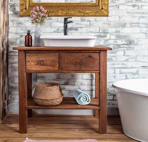 Mueble de Baño Clásico de Madera Maciza con Doble Cajón de Almacenamiento y Lavabo Abierto de Madera para Baño - Product Image 1