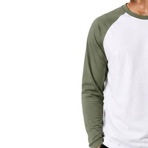 Camiseta de Manga Larga Raglán Blanca y Verde Oliva Personalizada para Hombre, Algodón Premium, Cuello Redondo Informal, Estilo Béisbol, Ropa Personalizada OEM - Product Image 3